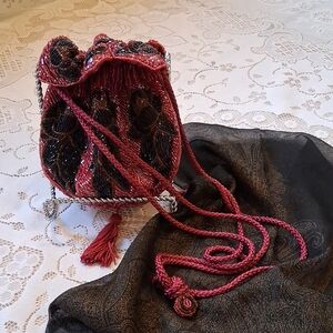 Elegant Red Beaded Drawstring Bag